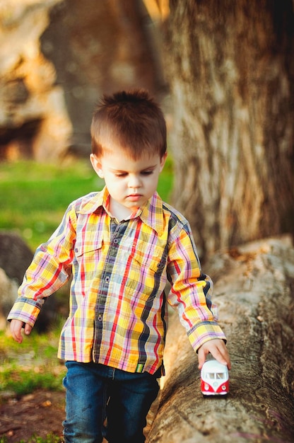 Niño alegre jugando en el parque, parque infantil, riendo en un paseo en un día. Estilo de vida familiar. Niños