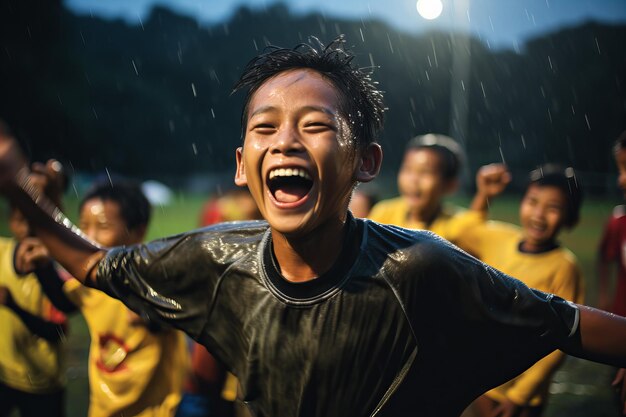 Niño alegre de Laos, Vietnam o Camboya celebrando un gol de fútbol en una noche lluviosa