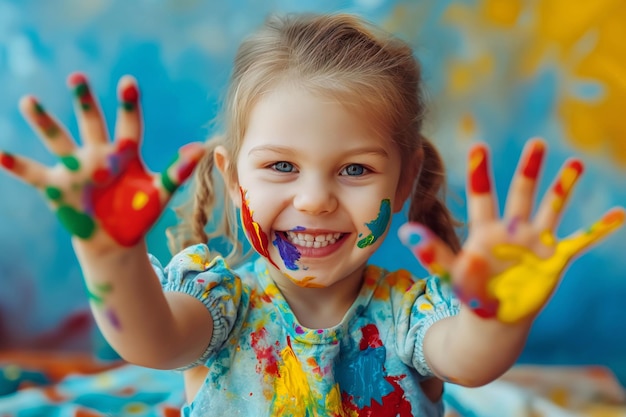 Niño alegre con manos y rostro cubiertos de pintura de colores