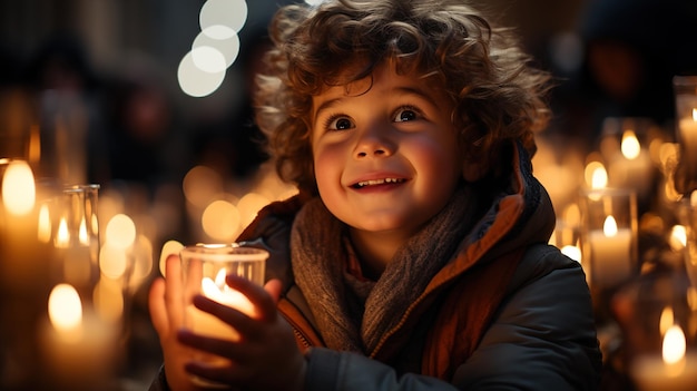 Niño alegre en el mercado navideño Niños admirando adornos bajo luces festivas