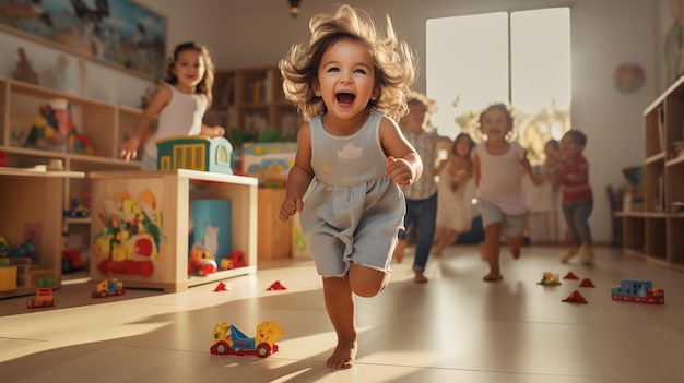 Un niño alegre en mono corriendo con amigos en una sala de juegos iluminada por el sol con juguetes esparcidos