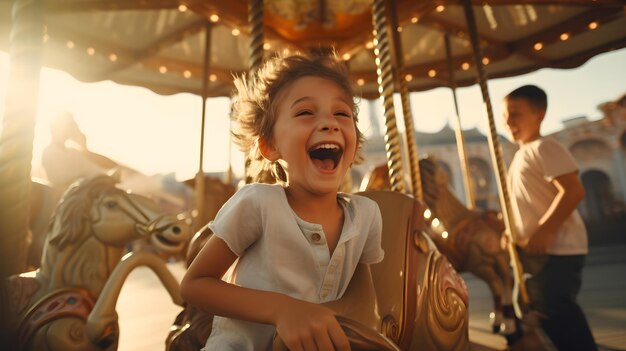 Niño alegre montando un caballo de carrusel al atardecer expresando felicidad y emoción