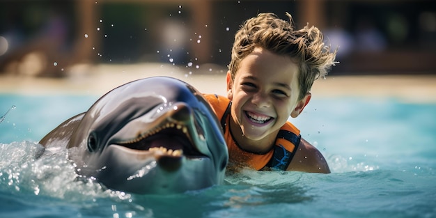 Niño alegre nada con un delfín en aguas claras niño feliz interactúa con animales marinos aventura acuática de verano AI