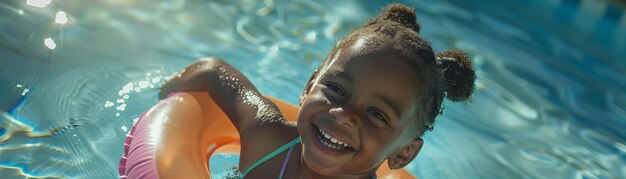 Niño alegre nadando con anillo inflable en una piscina Concepto de verano y vacaciones