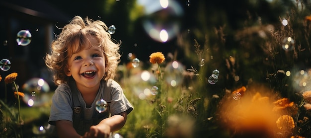 Niño alegre en la naturaleza con pompas de jabón IA generativa