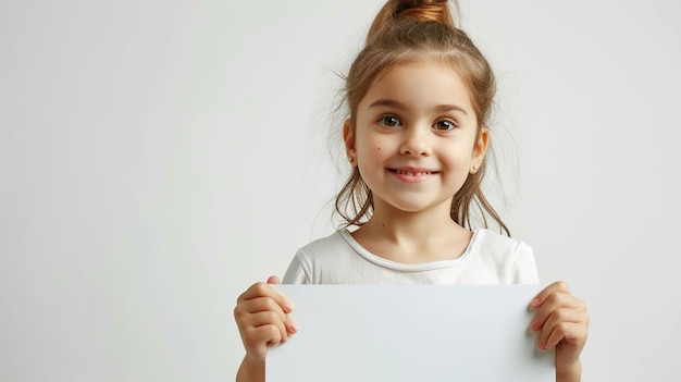 Niño alegre con una placa en blanco sobre un fondo blanco para su texto
