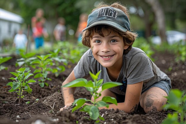 Un niño alegre plantando árboles con su familia y sus compañeros de escuela en el jardín