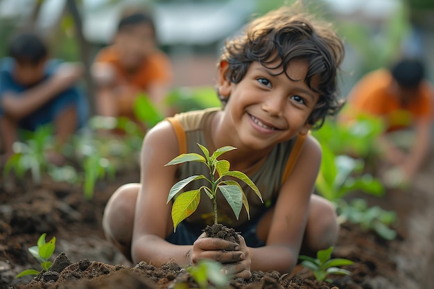 Un niño alegre plantando árboles con su familia y sus compañeros de escuela en el jardín