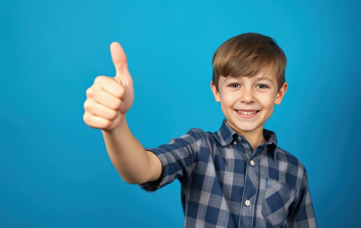 Niño alegre con los pulgares entusiasmados