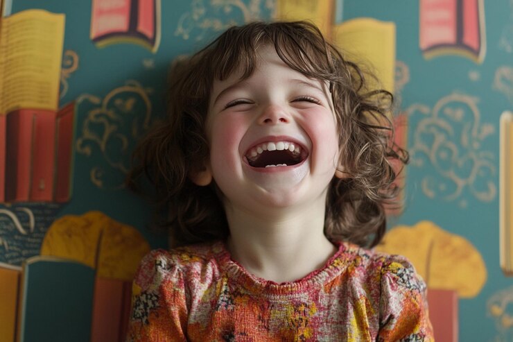 Niño alegre riendo contra un telón de fondo colorido con temas de libros en un entorno acogedor IA generativa