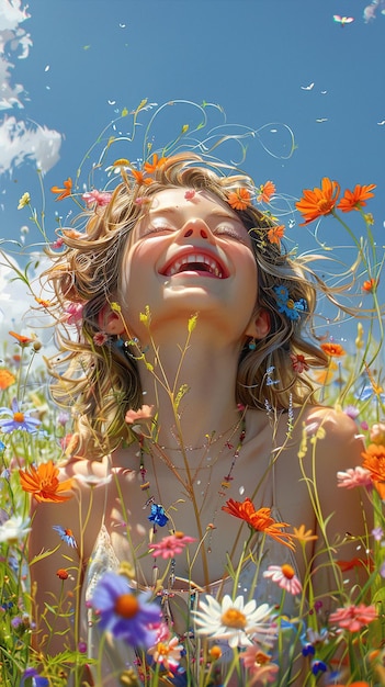 Niño alegre riendo entre flores coloridas Felicidad y bienestar en la fotografía juvenil AI Generar