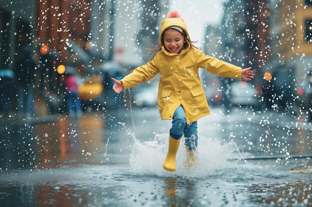 Niño alegre salpicando en charcos en la calle de la ciudad lluviosa