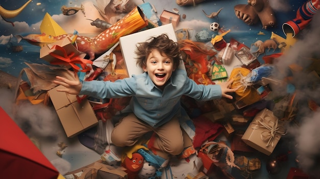 Un niño alegre saltando en el aire con emoción