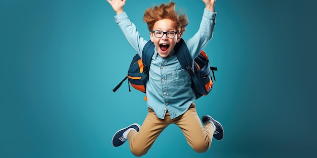 Un niño alegre y sonriente con una mochila grande salta y se divierte contra una pared azul