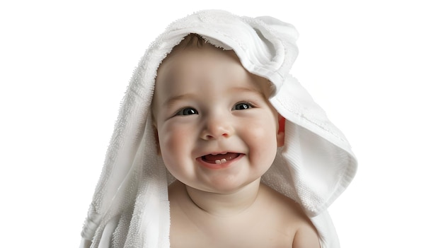 Niño alegre con una toalla blanca en la cabeza sonriendo a la cámara aislado en fondo blanco retrato de felicidad Perfecto para contenido familiar IA