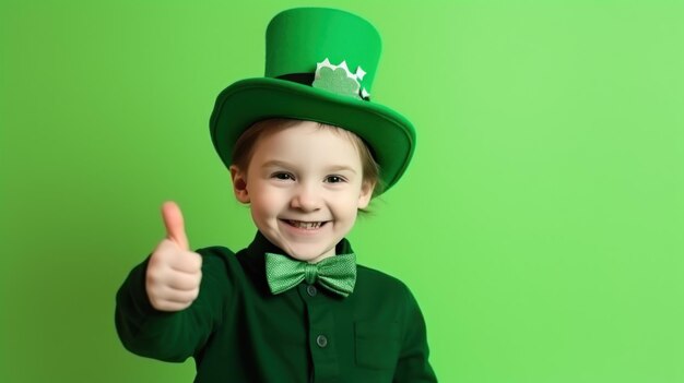 Niño alegre con un traje verde con tréboles en un fondo de color IA generativa