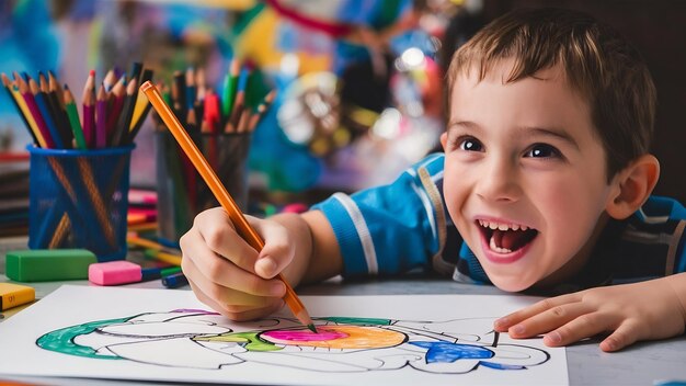 Niño alegre con el uso de lápiz de color dibujando en papel blanco