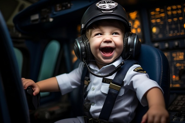 Niño alegre vestido como piloto de avión en la cabina de un avión