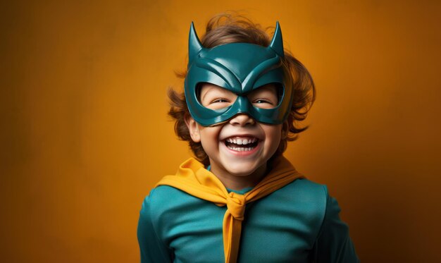 Foto un niño alegre vestido como un superhéroe dando un pulgar hacia arriba