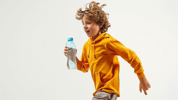 Foto niño alemán corre con hidratación