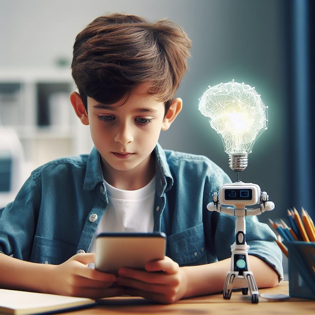 Foto niño alfa de generación que usa un dispositivo inteligente para crear tareas