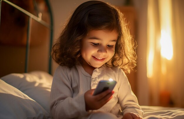 Niño Alpha de nueva generación usando un teléfono inteligente en la cama Niño nativo digital Alpha Gen solo con teléfono