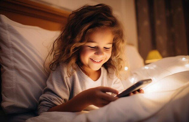 Niño Alpha de nueva generación usando un teléfono inteligente en la cama Niño nativo digital Alpha Gen solo con teléfono