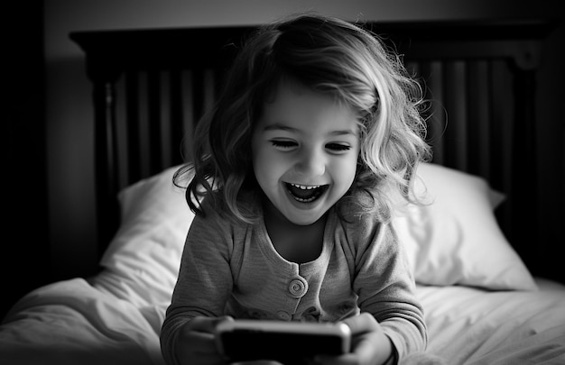 Niño Alpha de nueva generación usando un teléfono inteligente en la cama Niño nativo digital Alpha Gen solo con teléfono