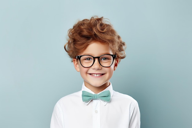 Niño alumno de escuela con gafas en el fondo con espacio de copia concepto de regreso a la escuela