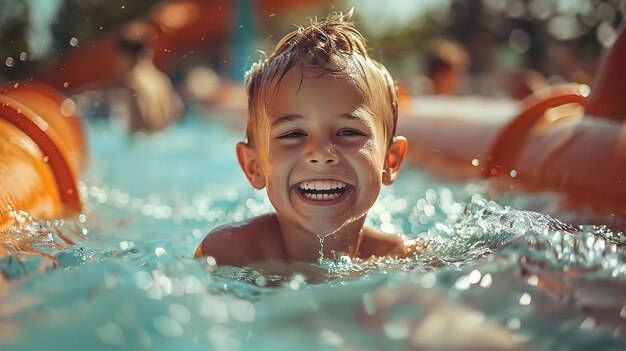 Un niño americano feliz divirtiéndose en el agua en un parque acuático con un telón de fondo borroso y salpicaduras de agua y espacio para texto o producto IA generativa