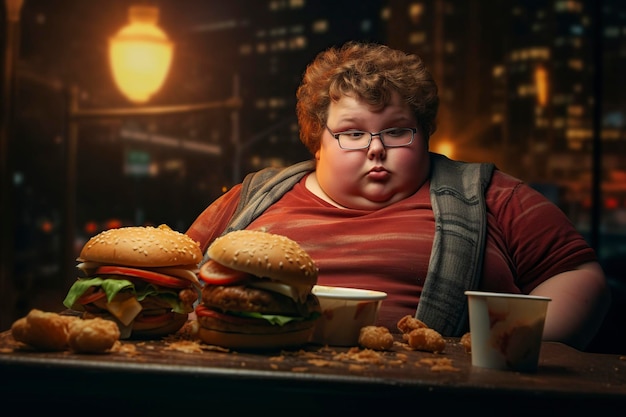 Un niño americano muy gordo comiendo una hamburguesa.