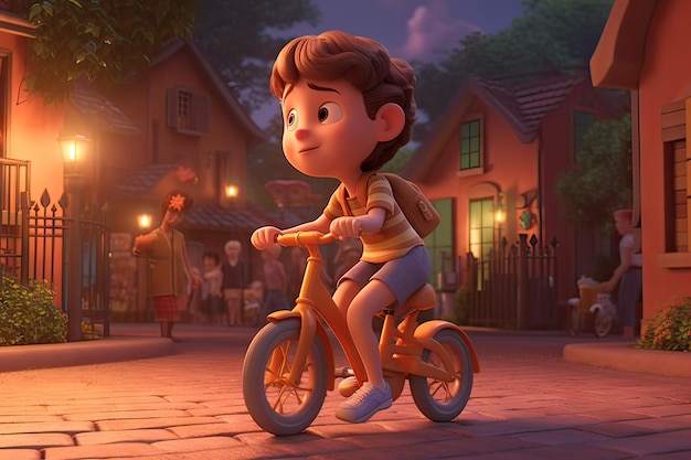 Un niño andando en bicicleta frente a una casa con una luz encendida.