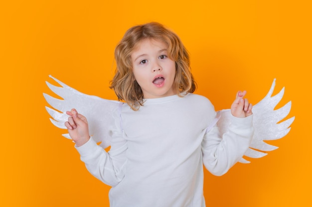 Foto niño ángel cruzó los dedos con suerte y esperanza buena suerte lindo ángel niño estudio retrato rubia