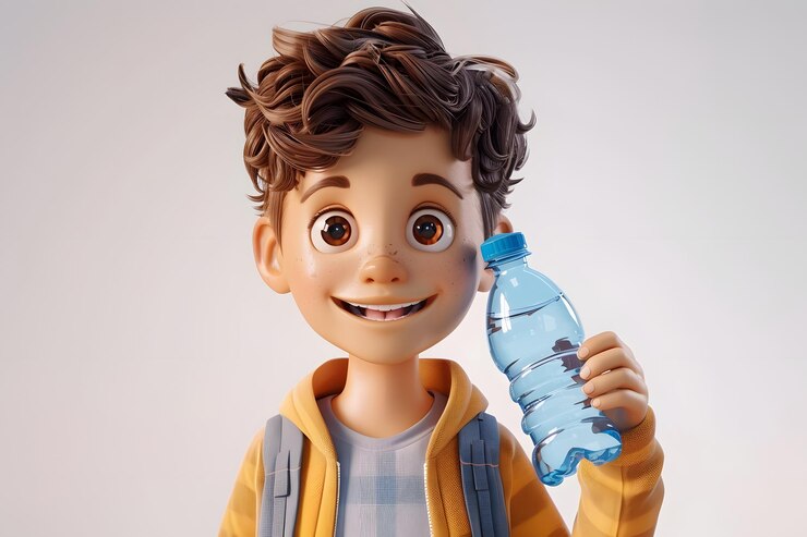 Un niño animado y alegre con una botella de agua