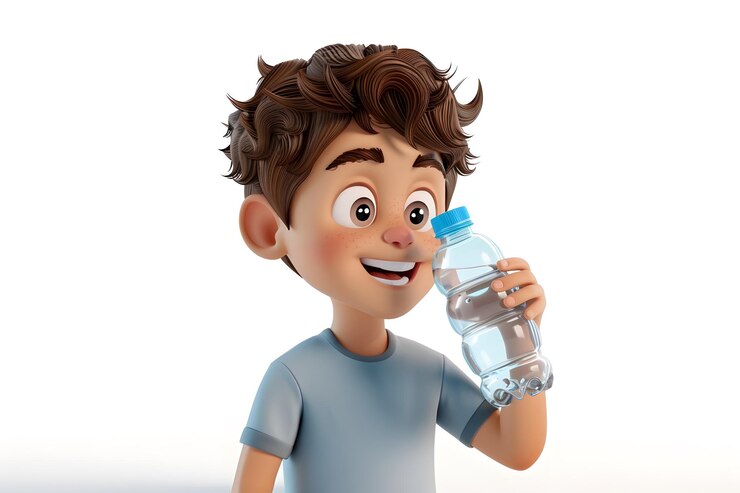 Un niño animado alegre disfrutando de una refrescante bebida de agua