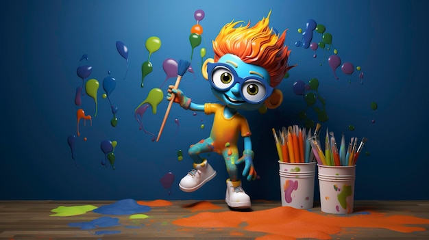 Niño animado con pincel y cubo de globos de colores y salpicaduras de pintura en una habitación caprichosa