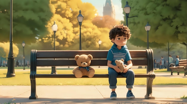 Un niño animado sentado solo en un banco del parque mirando desanimado con un oso de peluche a su lado