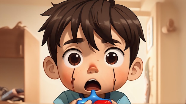 Un niño animado sosteniendo un juguete roto con una mirada llorosa que simboliza la decepción