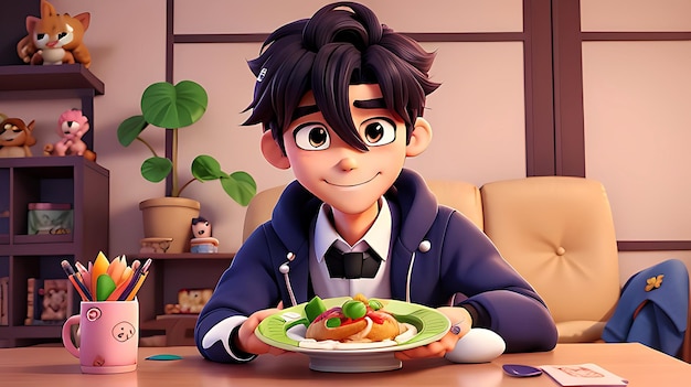 Niño de anime almorzando en una mesa con un restaurante en el fondo