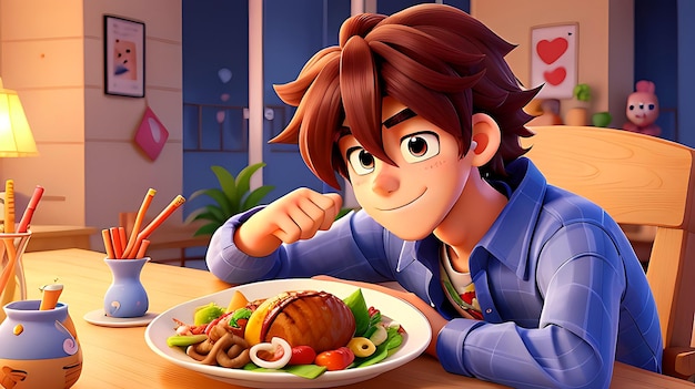 Niño de anime almorzando en una mesa con un restaurante en el fondo