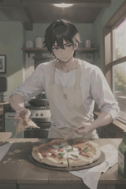 Foto niño de anime haciendo pizza para un restaurante