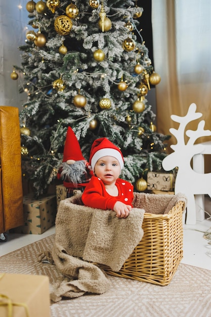 niño de un año cerca del árbol de Navidad una idea para una foto infantil para el estudio de Año Nuevo decoración de Año Nuevo regalos de Navidad traje festivo rojo para niños