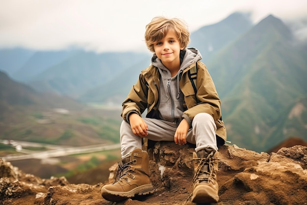 Un niño de un año en una piedra en el bosque