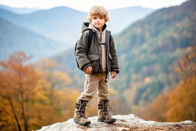 Un niño de un año en una piedra en el bosque