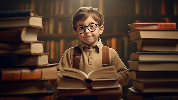 Un niño con anteojos leyendo un libro con muchos libros en el fondo.