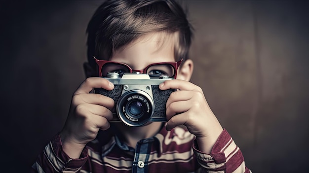 Un niño con anteojos toma una foto con una cámara.