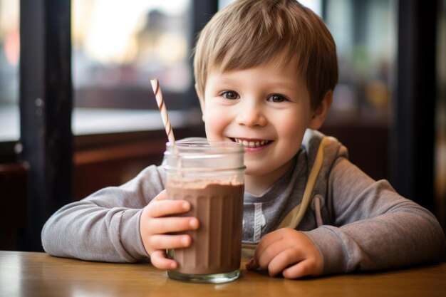 Foto un niño anticipa el primer sorbo de un batido de chocolate