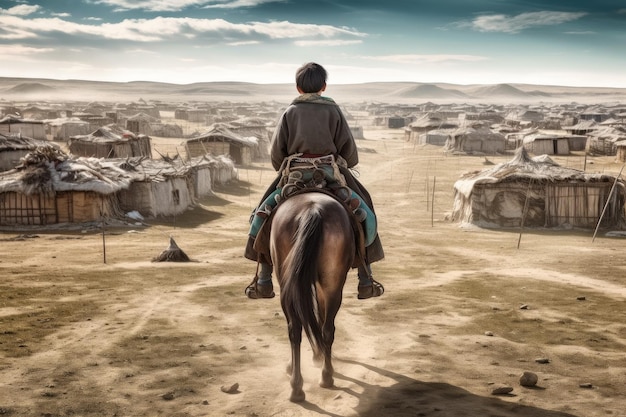 Niño antiguo mongol niño a caballo Generar Ai