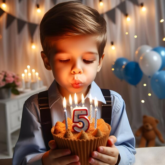 Niño apagando velas en un pastel de cumpleaños en una celebración vespertina