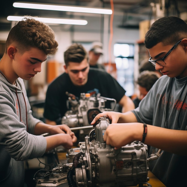 Niño aprende a arreglar un motor Estudiante aprendiz aprende el oficio Concepto de trabajo y aprendizaje Lección de taller de la escuela de mecánica Hombre trabaja en piezas de automóviles y aprende a reparar motores